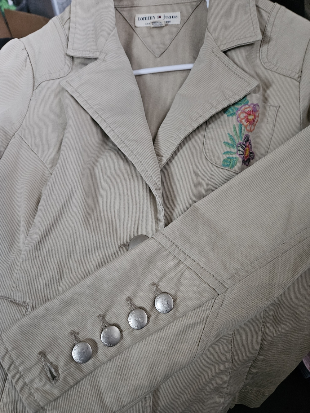 Tommy Hilfiger Beige Corduroy Blazer with Floral Chest Embroidery